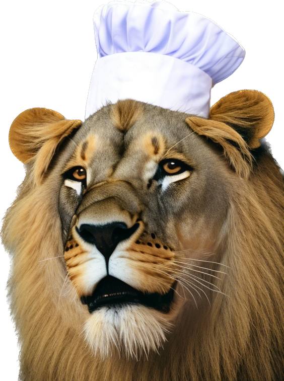 A lion wearing a chef hat